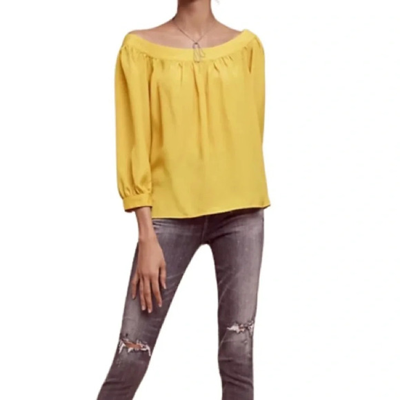 MAEVE Anthropologie Yana Off The Shoulder Top Mustard Yellow 3/4 Sleeves Silky S - Picture 1 of 13